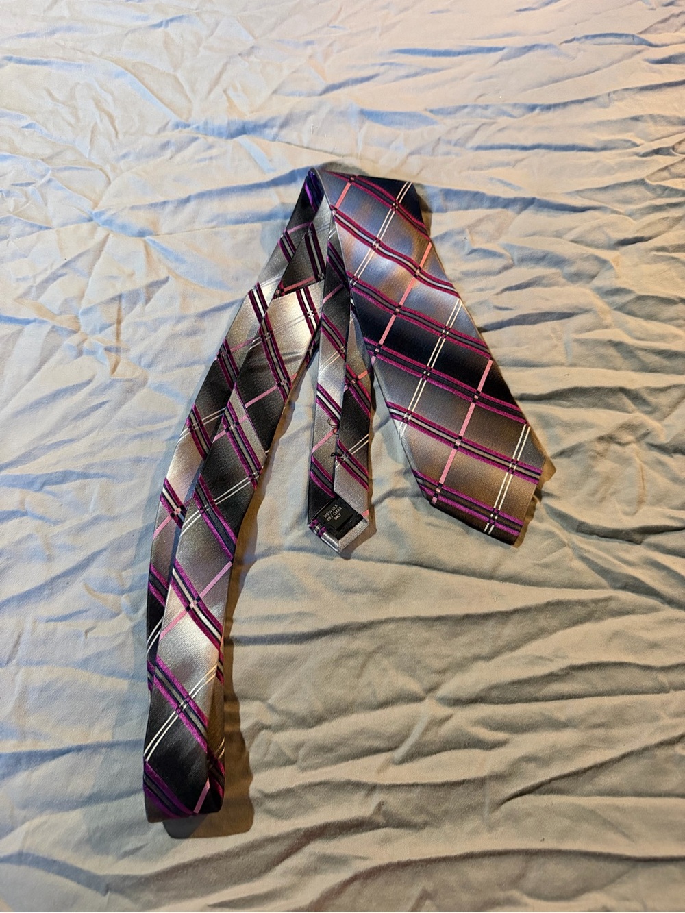 Pierre Cardin Gray Plaid Silk Tie with Purple Accents